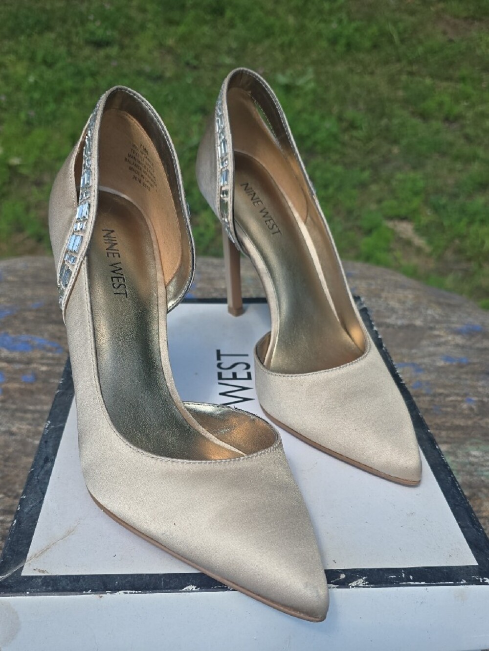 Nine West Satin Champagne D'Orsay Pointed-Toe Heels with Crystal Trim - Picture 2 of 9